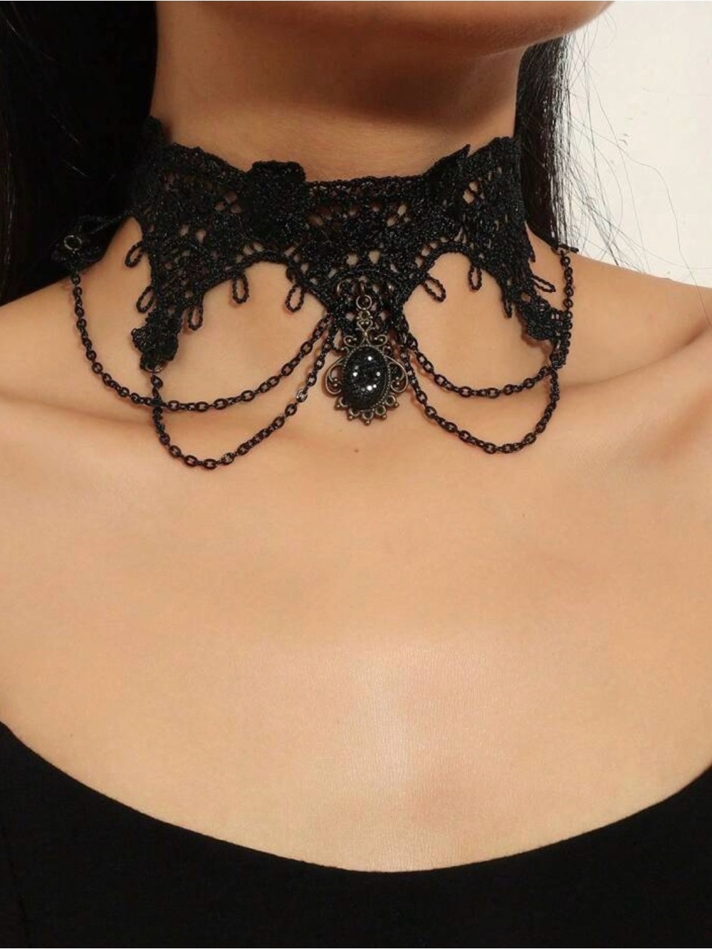 Black Lace Gothic Choker Necklace with Pendant